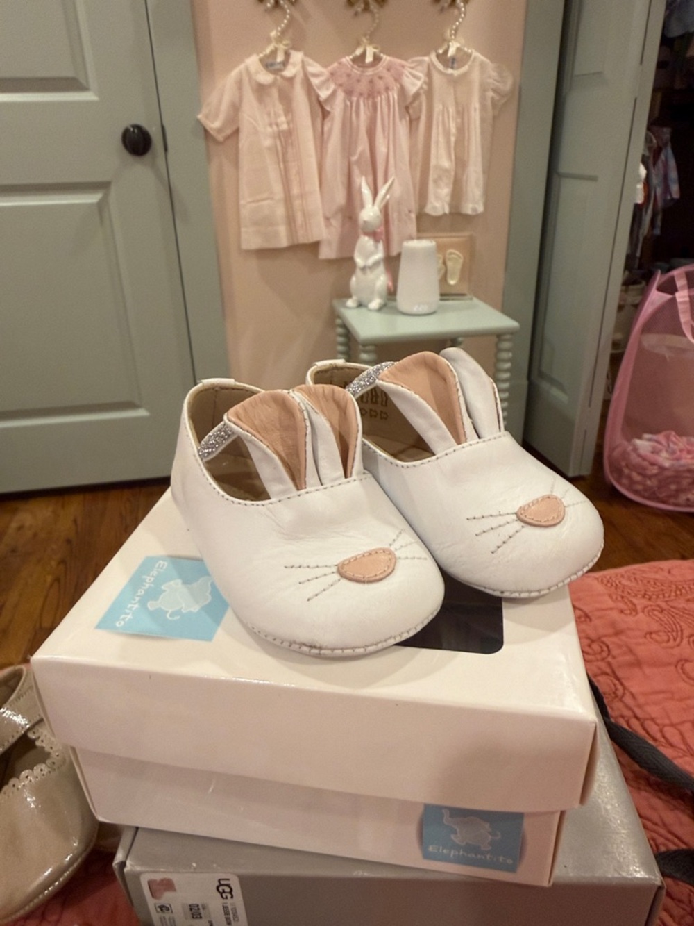 Elephantito White Baby Bunny Moccasins with Pink Accent